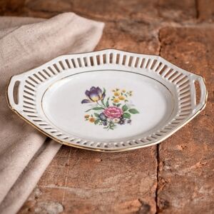 Vintage Schwarzenhammer Bavaria Reticulated Porcelain Dish • Floral • Gold Trim